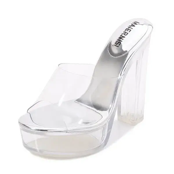 Nikstoy Women Fashion Plus Size Transparent Crystal Chunky Heel Platform High