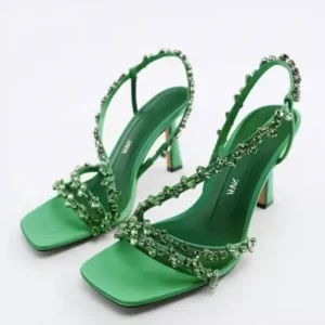 Nikstoy Women Fashion Plus Size Sexy Rhinestone Strap Square Toe Heeled Sandals