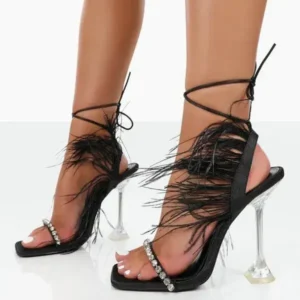 Nikstoy Women Fashion Sexy Rhinestone Feather Decorative Solid Color High Heel Sandals Shoes