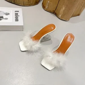 Nikstoy Women Fashion Sexy Feather Decoration Solid Color Chunky High Heel Slippers Shoes