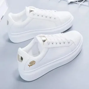 Nikstoy Women Casual Fashion Rose Embroidery Thick-Soled Comfortable PU Leather White Sneakers