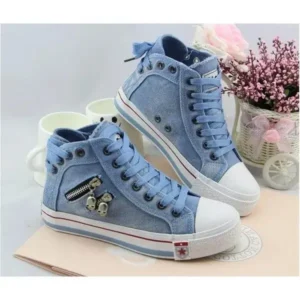 Nikstoy Women Casual Spring Zipper Decor Lace-Up High Top Denim Canvas Sneakers