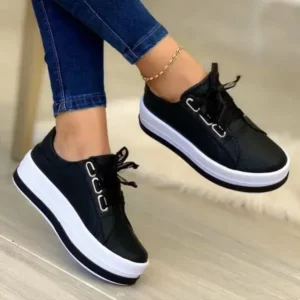 Nikstoy Women Casual Round Toe Lace-Up Block Color Platform Shoes PU Sneakers