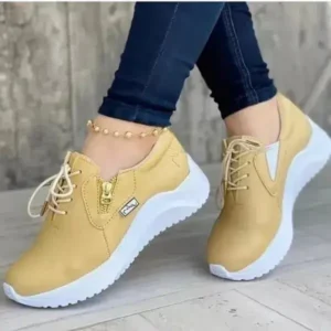 Nikstoy Women Casual Round Toe Low Cut Lace-Up PU Side Zipper Design Solid Color Sneakers