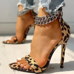 Nikstoy Women Sexy Metal Chain Buckle Ankle Strap Animal Printed High Heels