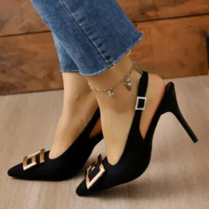 Nikstoy Summer Women Fashion Casual Plus Size Solid Color Pointed Toe Metal Buckle Sling Back High Heel Sandals