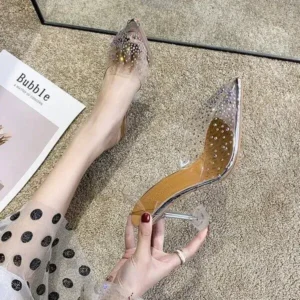 Nikstoy Women Fashion Sexy Rhinestone Decorative Pointed Toe Transparent High Heel Sandals