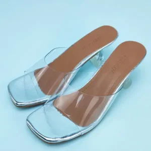 Nikstoy Women Fashion Casual Square Toe Transparent Design Mid Heel Slippers