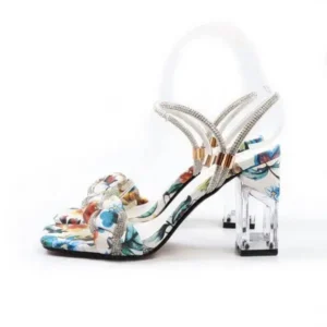 Nikstoy Women Fashion Sexy PU Rhinestone Floral Printed Square Toe Chunky Heel ?Sandals