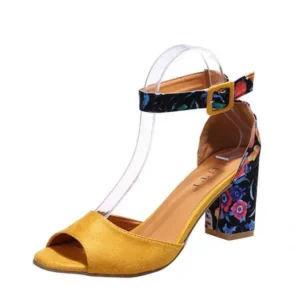 Nikstoy Women Fashion Sexy PU Floral Printed Peep Toe Chunky Heel Ankle Strap Buckle Sandals