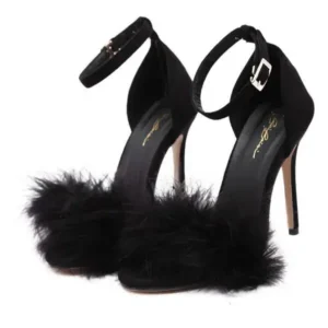 Nikstoy Women Fashion Sexy PU Solid Color Feather Peep Toe Stiletto Heel Ankle Strap Buckle Sandals