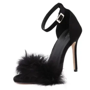 Nikstoy Women Fashion Sexy Solid Color Feather Peep Toe Stiletto Heel Ankle Strap Buckle Sandals