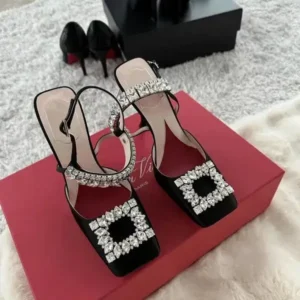 Nikstoy Women Fashion Elegant PU Square Toe Rhinestone Stiletto Heel Ankle Strap Buckle Sandals