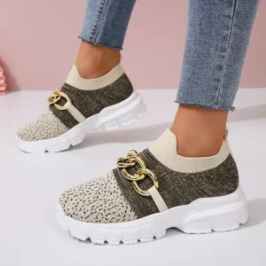 Nikstoy Women Fashion Color Block Metal Chain Thick-Soled Breathable Fly-Woven Sneakers