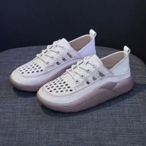 Nikstoy Women Fashion Casual Solid Color PU Lace-Up Hollow Breathable Sneakers