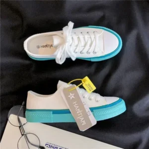 Nikstoy Women Fashion Cream Blue Canvas Lace-Up Sneakers