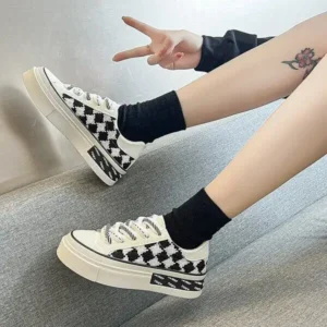 Nikstoy Women Fashion Platform Checkerboard Canvas Sneakers