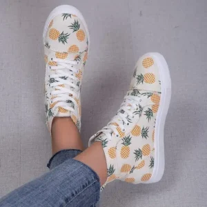 Nikstoy Women Fashion Round Toe Lace-Up Pineapple Strawberry Flat Sneakers