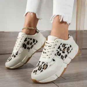 Nikstoy Women Fashion Round Toe Stitching Lace Up Low Top Leopard Sports Sneakers